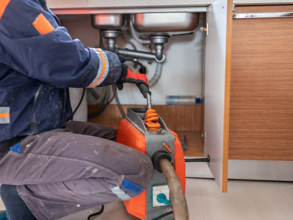 Plombier agenouillé sous un évier inox, furet électrique orange en main, câble dans le siphon.