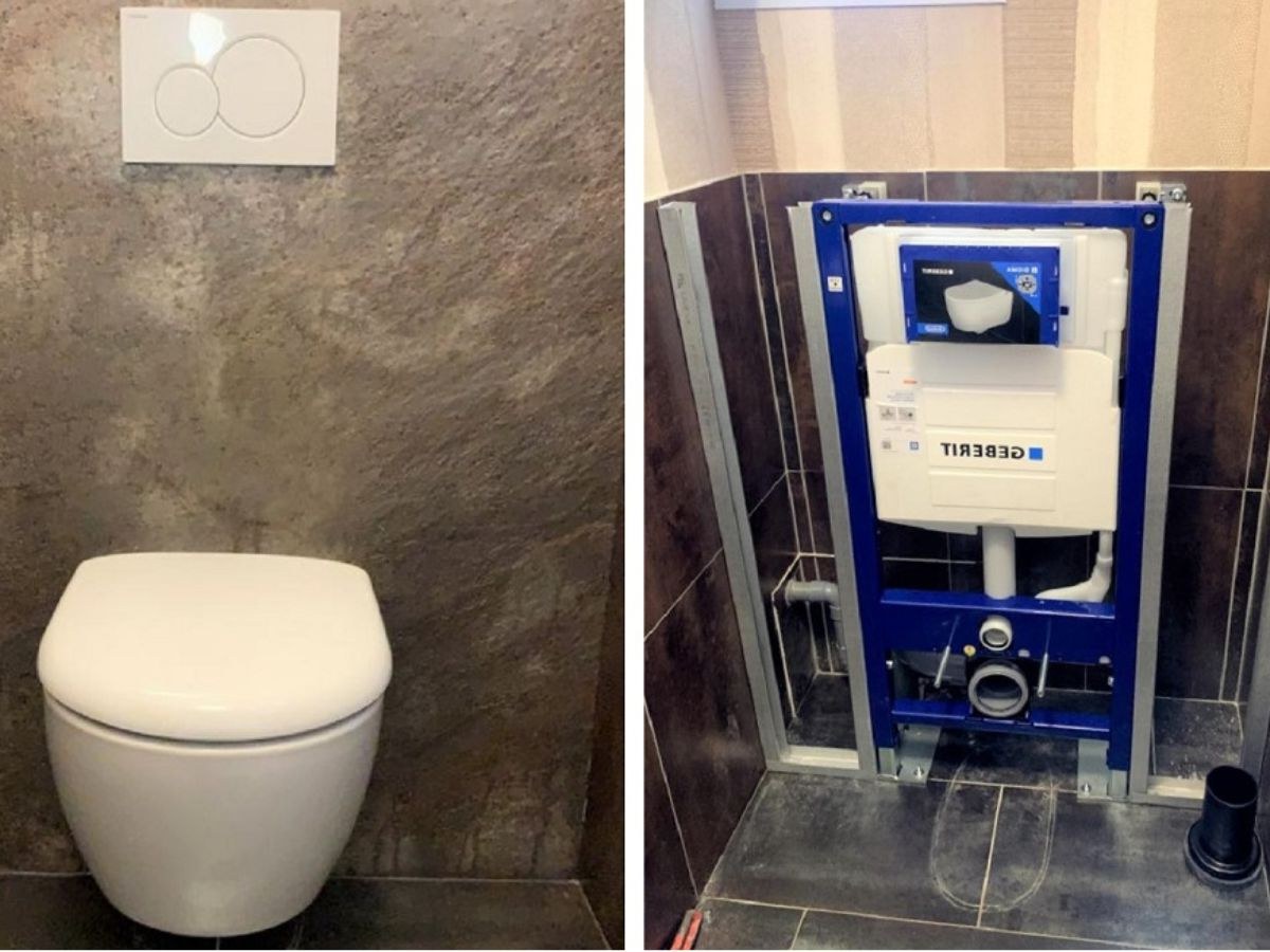 WC suspendu fini à côté du bâti Geberit encore apparent, plaque double chasse et carrelage gris.