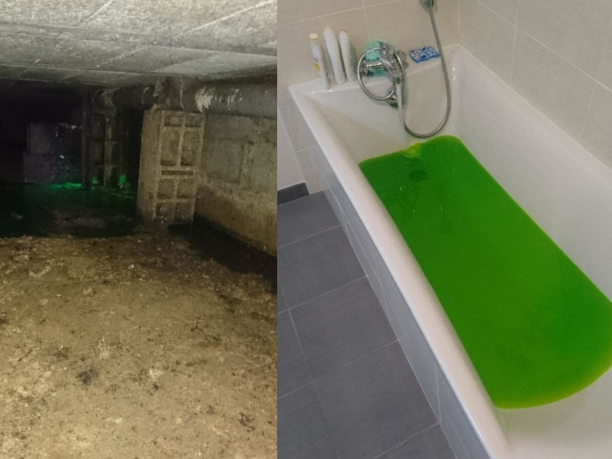 Baignoire remplie d'eau vert fluo, et flaque du même colorant dans un vide sanitaire sombre.