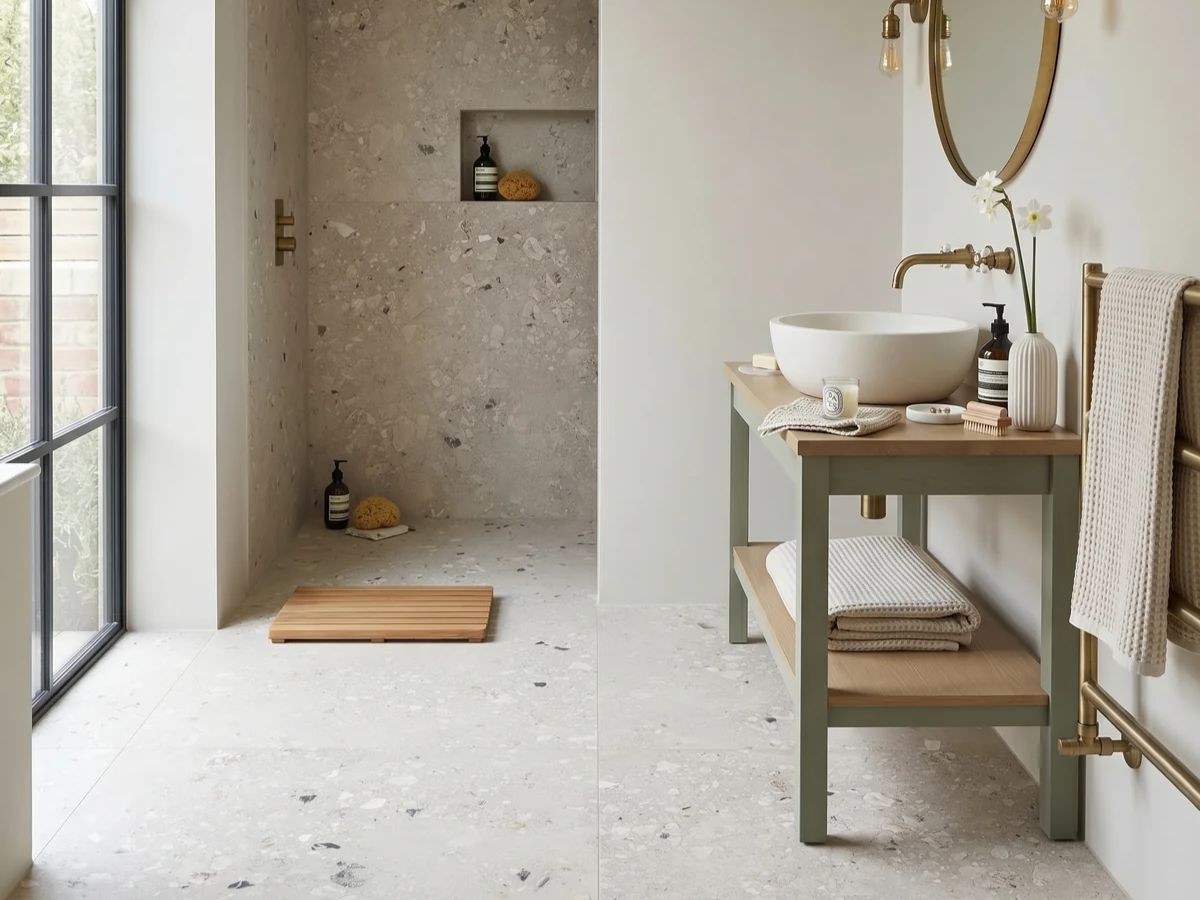 Salle de bain terrazzo clair, meuble vert sauge, vasque ronde et robinetterie laiton.